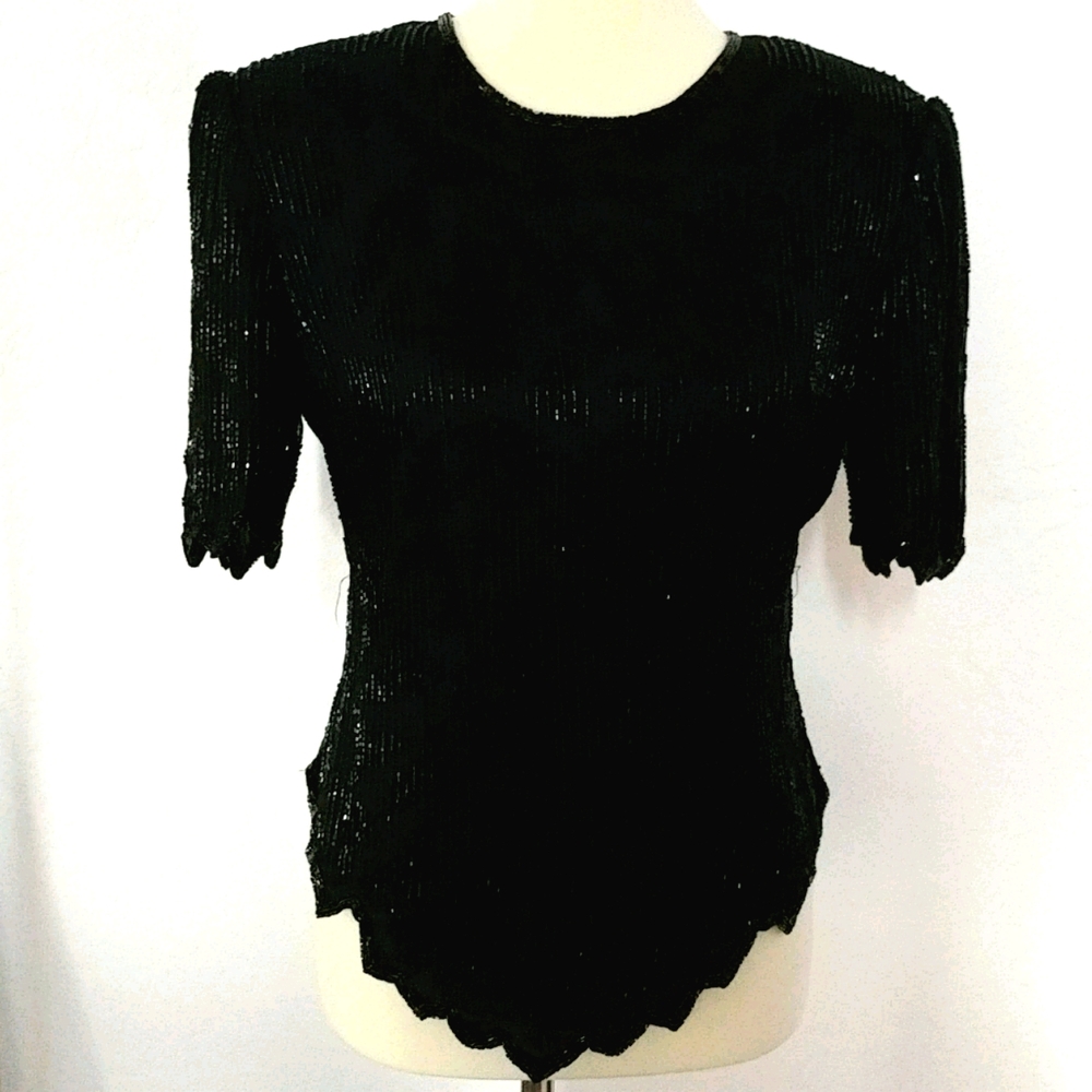 LAURENCE KAZAR. Beaded Silk Blouse. Black. Medium.